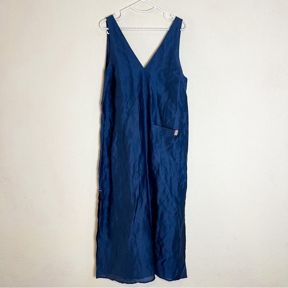 Lunya Linen Silk Double V Midi Dress Deep Blue Size Extra Small - Picture 3 of 9